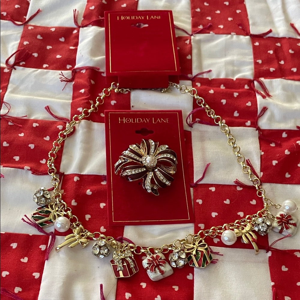 New On Cards Holiday Lane Brooch and Charm Necklace